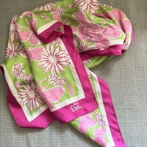 Lilly Pulitzer Breast Cancer Pink Green Foral Silk Scarf Butterflies
